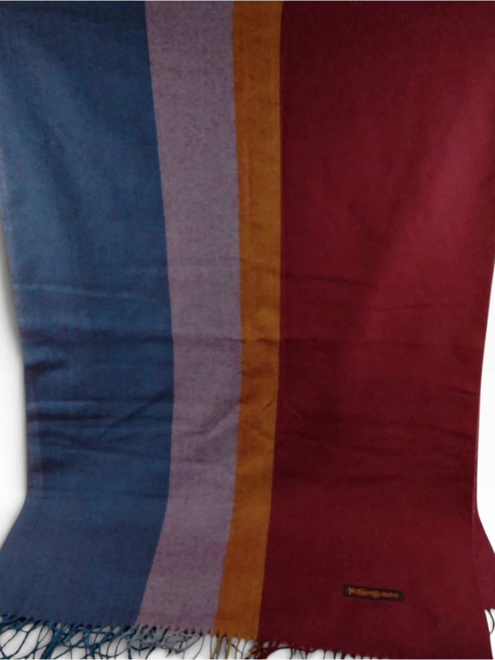 🌈 Saint Laurent Burgundy, Gold, Grey, & Blue Wool Scarf YSL